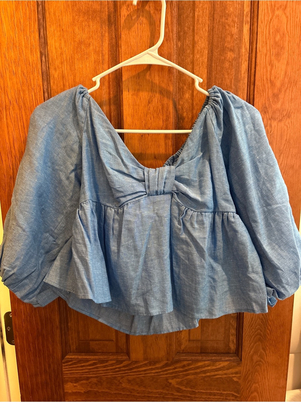 Zara Blue Puff-Sleeve Crop Top with Front Bow